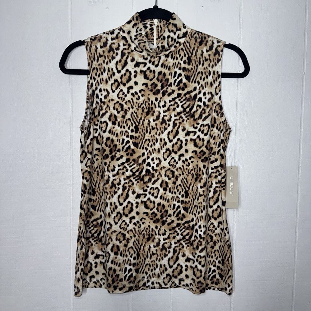 Chico’s Women’s Leopard Print Mock Neck Tank Top Neutral Size 0, Small NWT